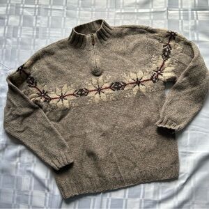 Eddie Bauer Brown Lambswool Knit Sweater with Nordic Pattern